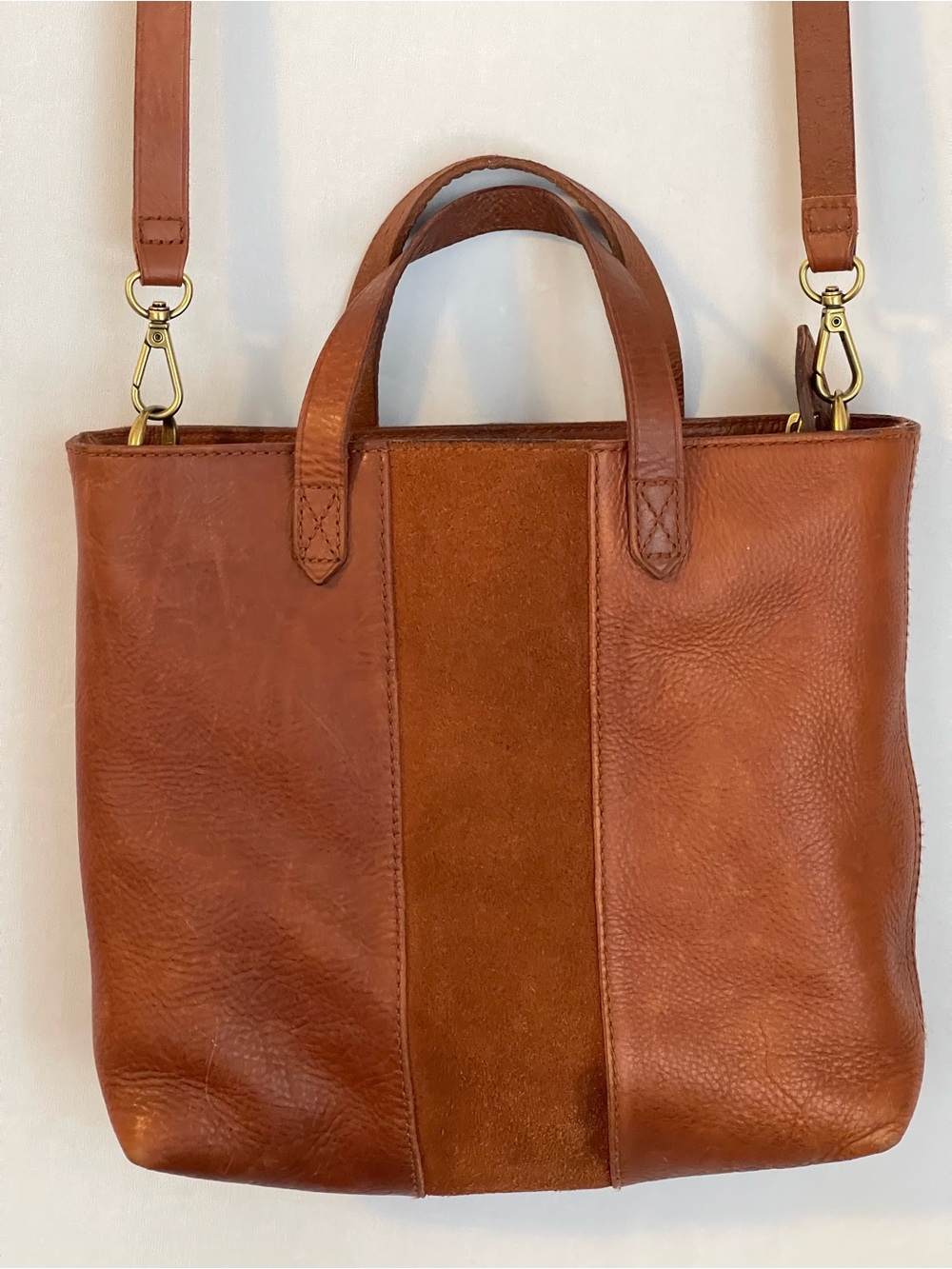 Madewell Crossbody Tote Cognac Brown Leather & Suede Small Square